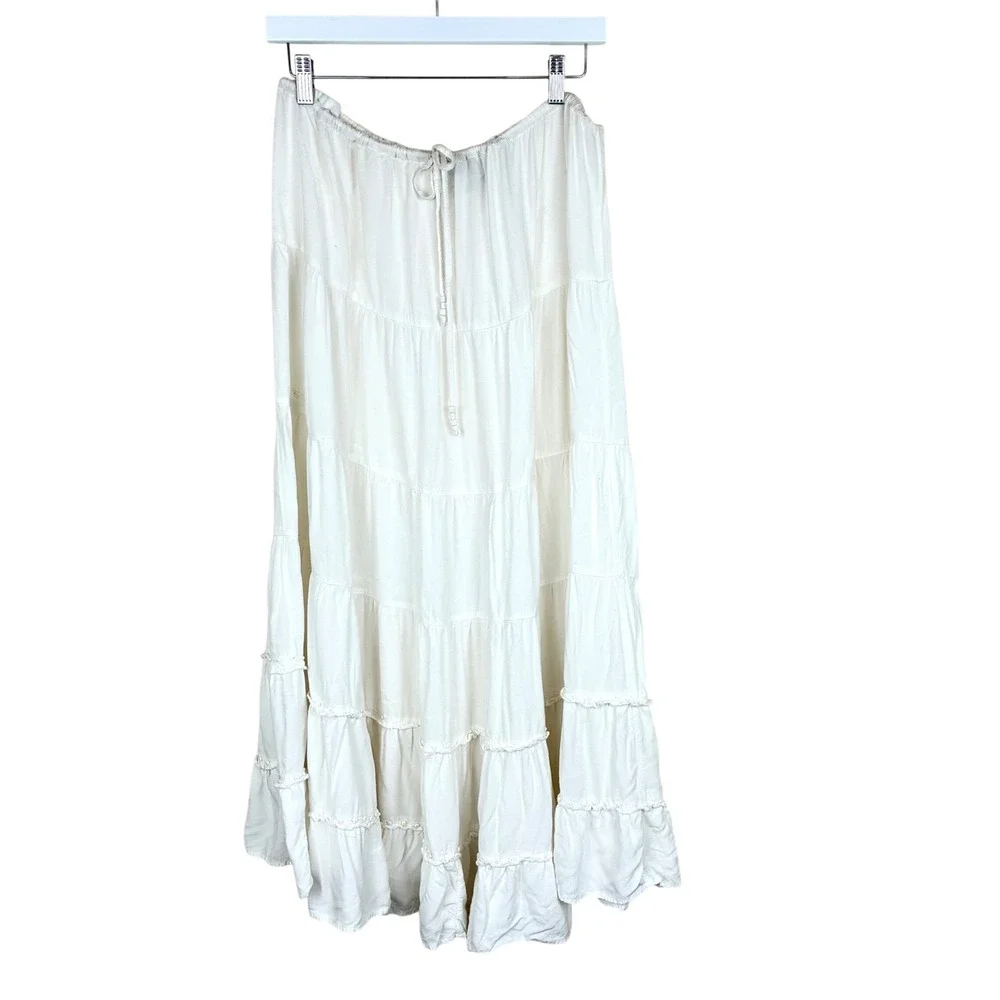 Vintage White Stag Skirt Sz XL Tiered Maxi Boho Peasant Cottage Festival Beaded
